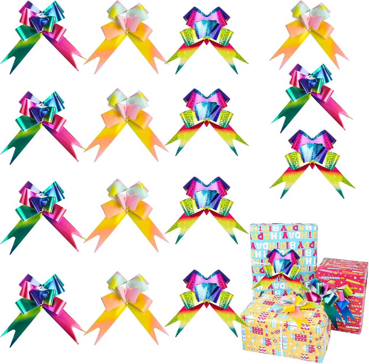 30 PCS Pull Bows,6 Inch Large Rainbow Laser Color Birthday Gift Present Wrapping Ribbon for Mother's Day Basket Box Decor Party Supplies Wine Bottles Gift Decorations